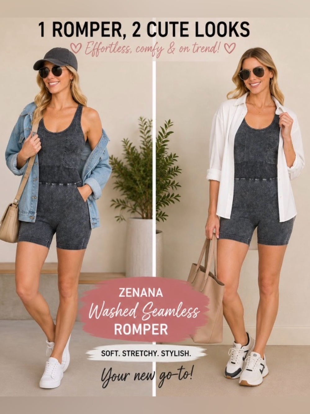 Zenana Outfitters Mineral  Wash Sport Seamless Romper - Ash Black Sz S/M - L/XL